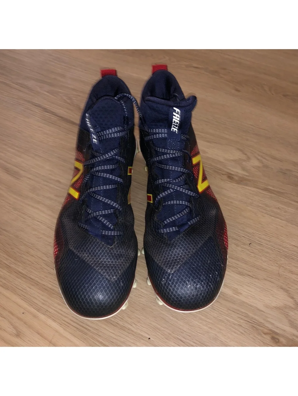NEW BALANCE MID FREEZE LAX LACROSSE CLEATS SUPERMAN BLUE RED YELLOW MENS SIZE 9